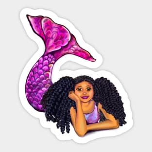 Magical rainbow mermaid lying on sand with brown eyes curly Afro hair and caramel skin, black mermaid Sticker